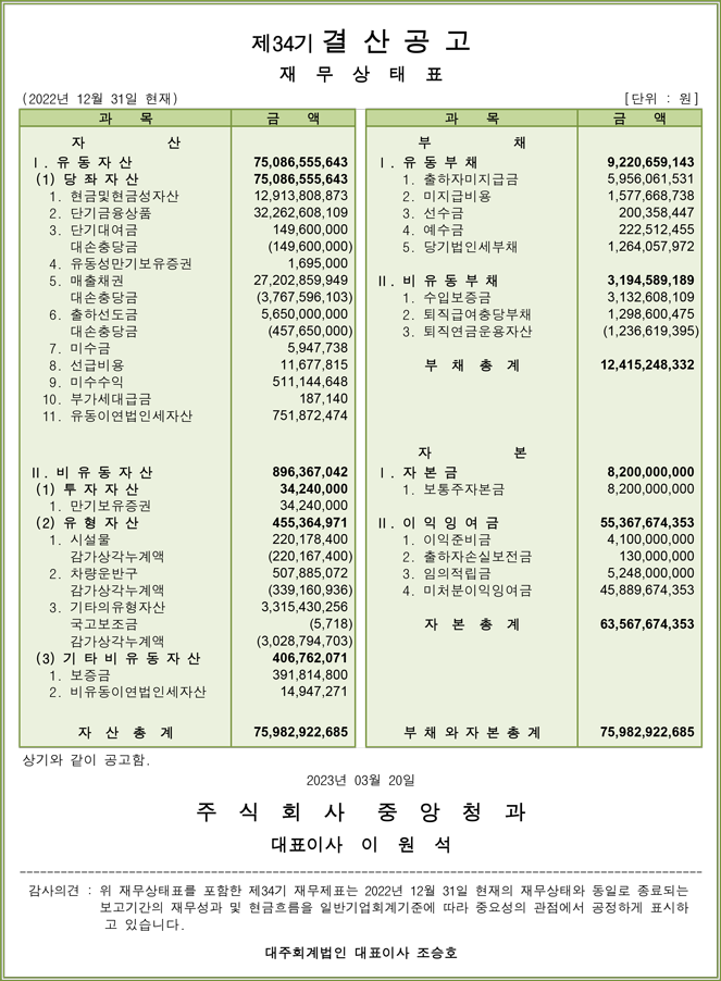 제34기 결산공고 재무상태표